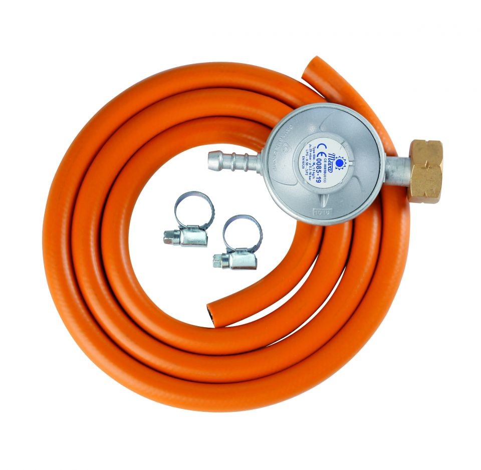 MEVA NP01007 plynový regulátor 30mbar a hadice 8mm/1,5m se sponami (Meva)